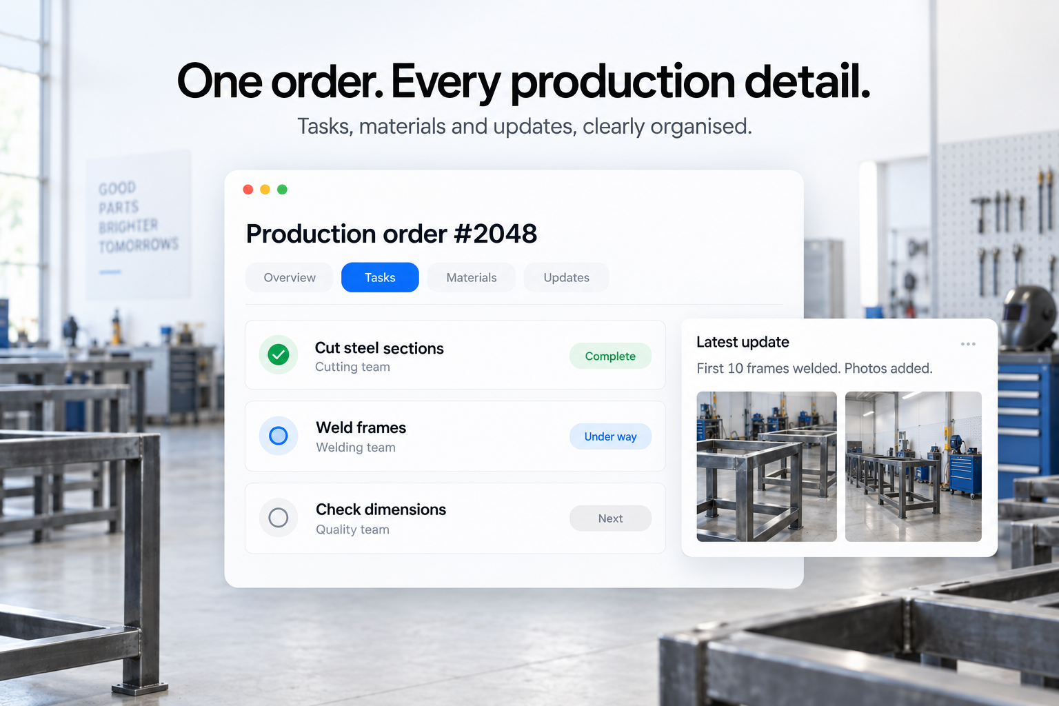 Tasks and production updates recorded against a manufacturing order.