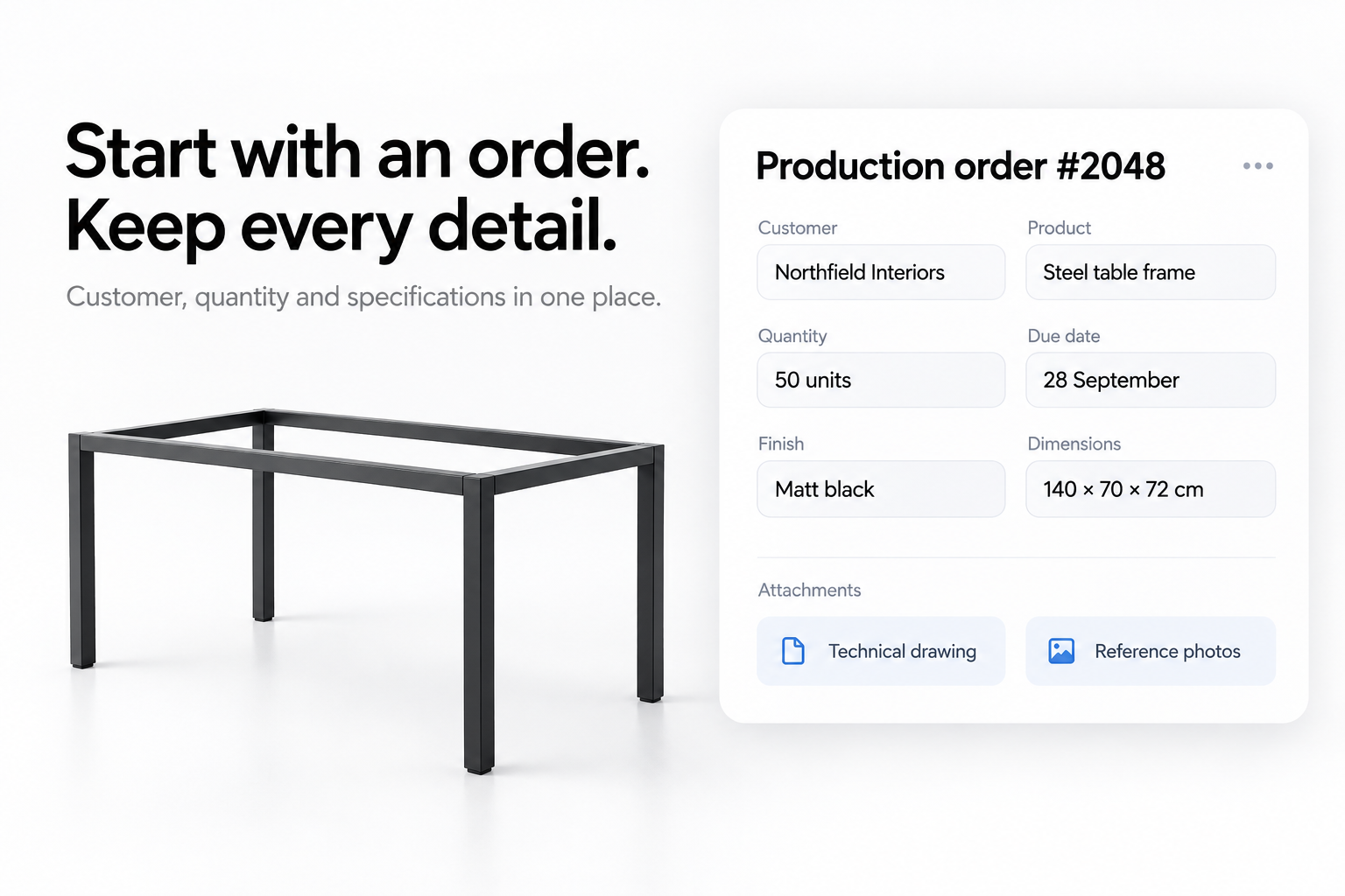 A manufacturing order in Progressly with its details and production status.