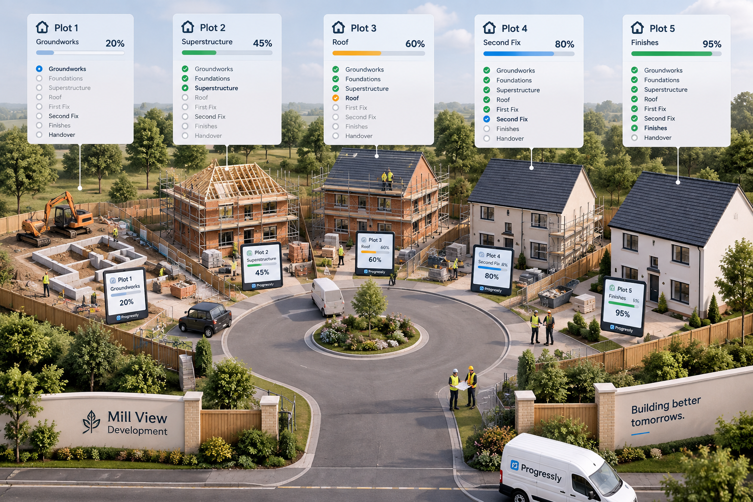Construction development with connected site screens showing plot progress from groundworks to handover