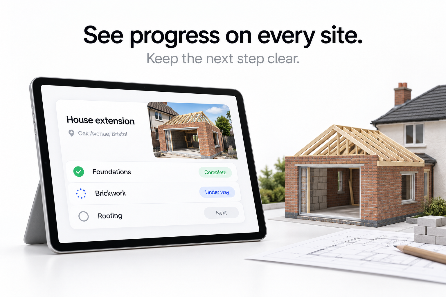 Site progress in Progressly with completed and remaining stages for a construction project.
