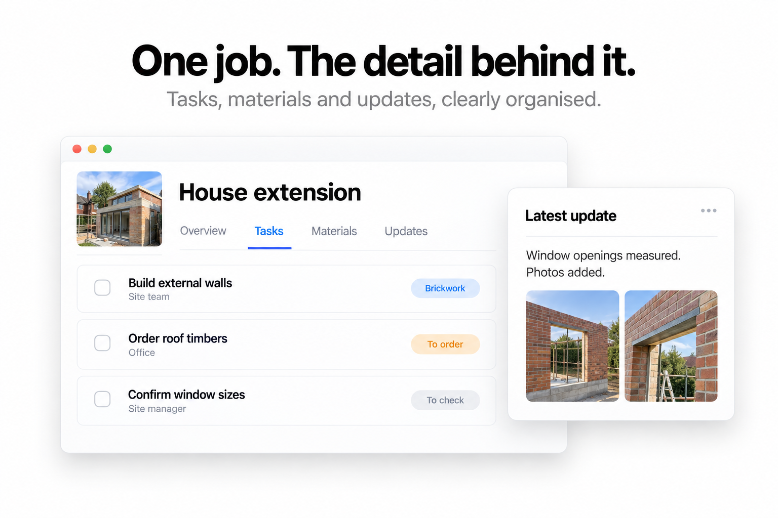 Tasks and progress updates recorded against a construction project.