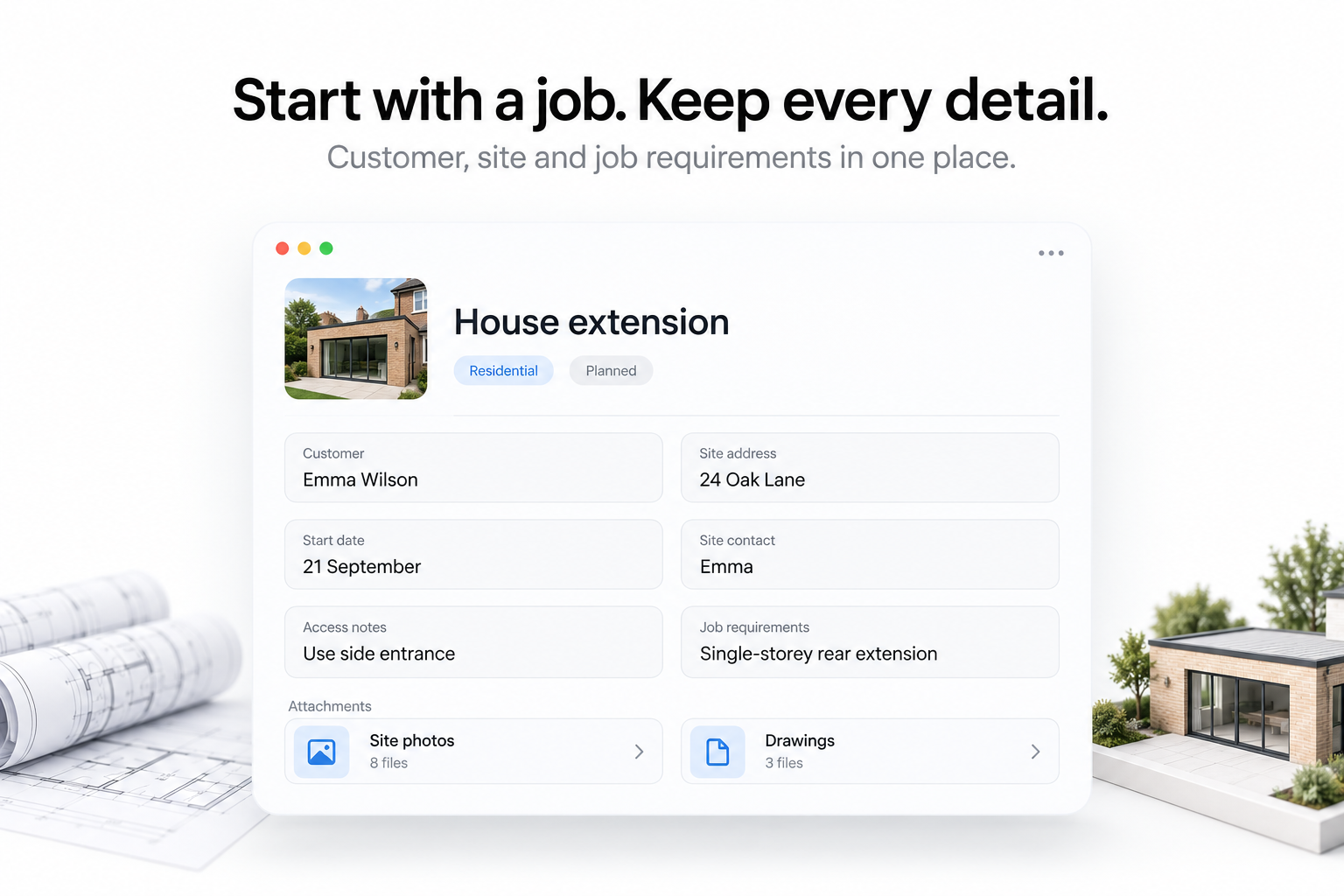 Customer and job details for a construction project, including address and job information.