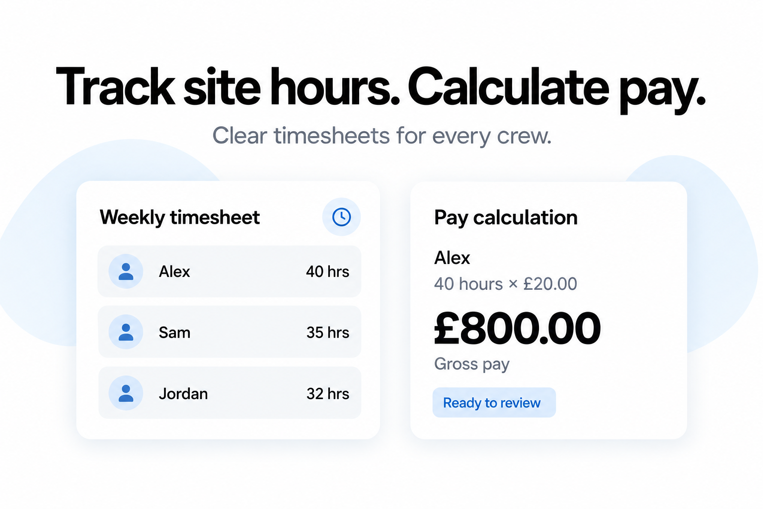 Construction timesheets with recorded hours and a gross pay calculation.