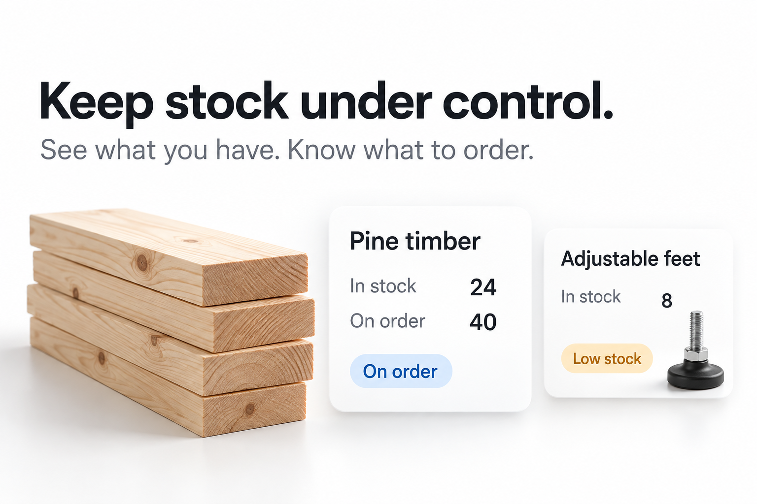 Materials in Progressly showing stock counts, quantities on order and a low stock warning.
